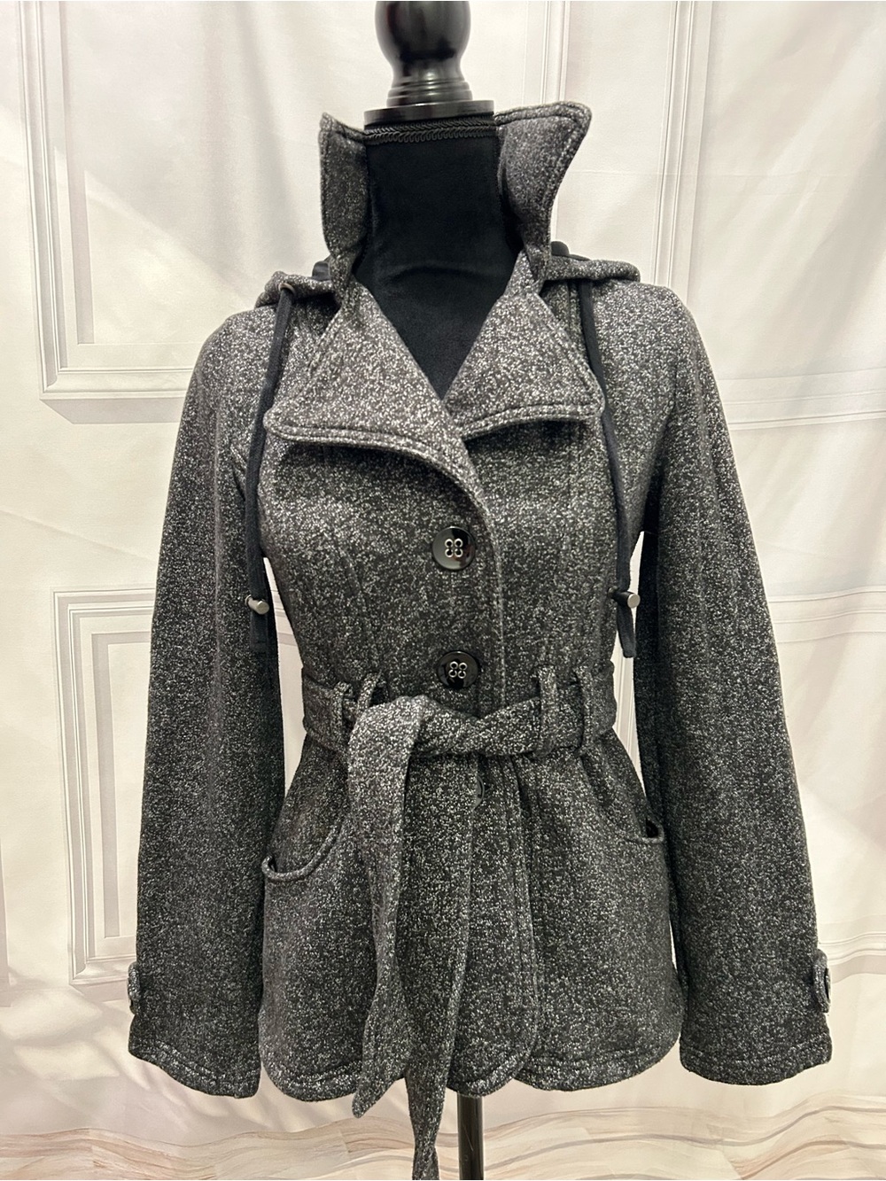 Sebby Women’s Black/White Hooded Belted Trench Coat Small